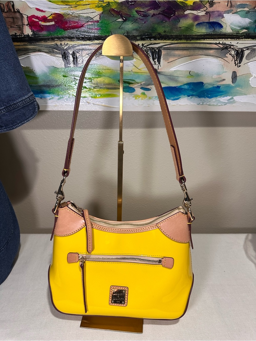 Dooney & Bourke Yellow Small Patent Hobo with vachetta leather trim